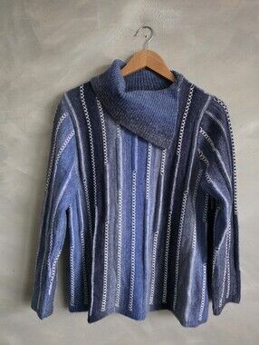 Ali Miles Blue Striped Knit Cowl Split Neck Sweater Women’s Size Small
